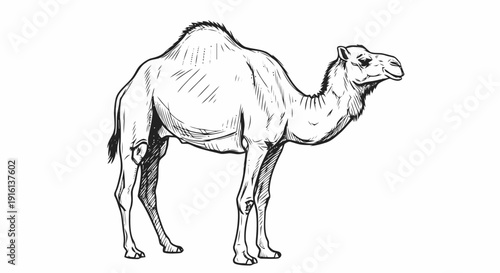 Camel Standing Profile Line Drawing Illustration.