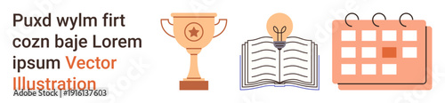 Business planning, education, productivity, achievements, goal setting, knowledge sharing. Trophy, book with a light bulb and calendar icons. Business planning and education concepts