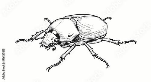 Detailed black and white beetle illustration.
