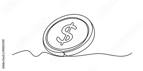 Single line drawing of a coin with a dollar sign symbol on a white background. Vector, illustration