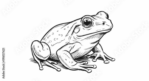 Detailed black and white frog illustration.