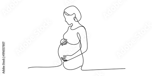 Minimalist single line drawing of a pregnant woman holding her belly on white background Vector, illustration