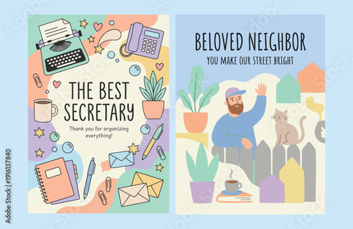 Greeting Cards Set: Best Secretary and Beloved Neighbor. Flat Vector Illustration.