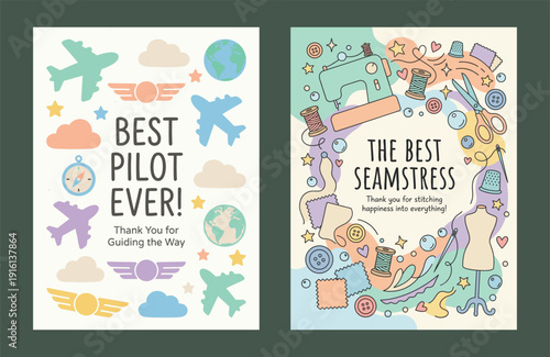 Greeting Cards Set: Best Pilot and Best Seamstress. Flat Vector Illustration.