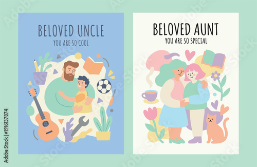 Greeting Cards Set: Beloved Uncle and Beloved Aunt. Flat Vector Illustration.