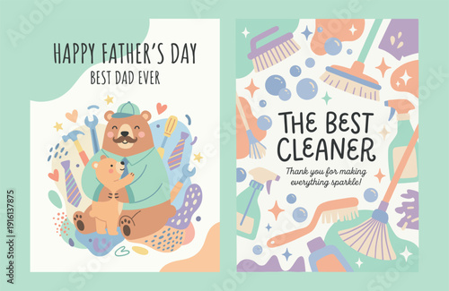 Greeting Cards Set: Happy Father's Day and Best Cleaner. Flat Vector Illustration.
