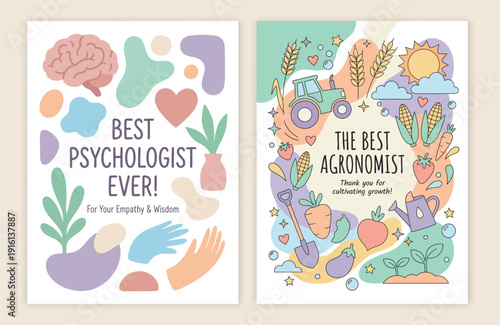 Greeting Cards Set: Best Psychologist and Best Agronomist. Flat Vector Illustration.