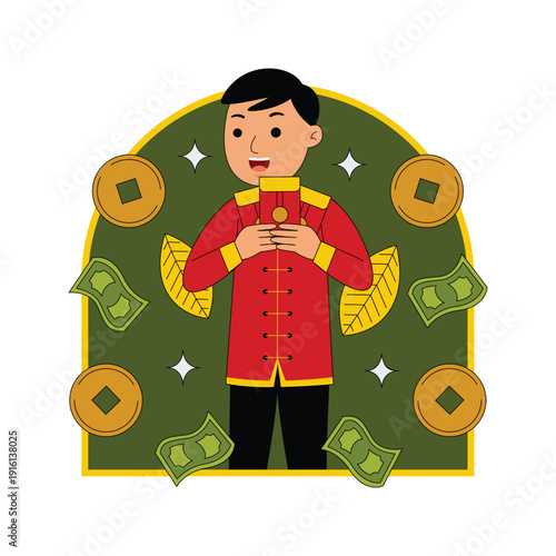 Man in Traditional Chinese Clothing with Coins