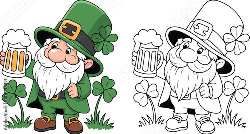 Cartoon St. Patrick's Day leprechaun character with a beer mug and clover for Irish holiday celebration