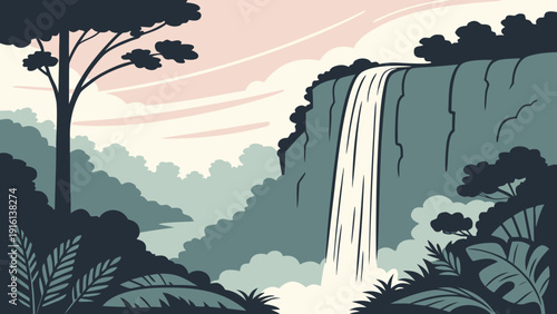 Modern Waterfall Landscape Vector