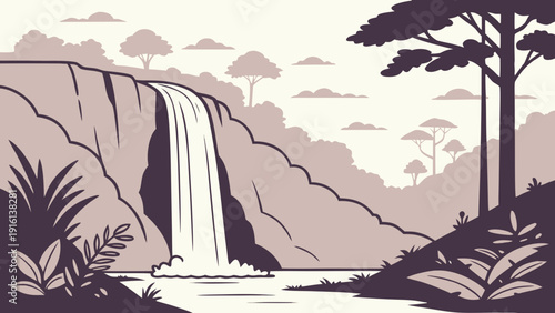 Modern Waterfall Landscape Vector