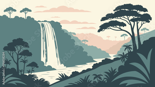 Modern Waterfall Landscape Vector