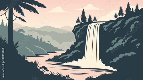 Modern Waterfall Landscape Vector