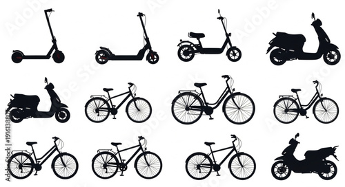 Collection of electric scooters and bicycles silhouettes.