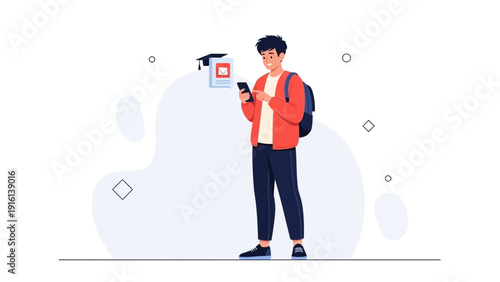 Young man using smartphone, backpack, graduation cap, education concept