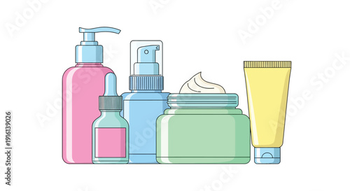 Collection of stylized skincare product containers including a pump bottle a dropper bottle a spray bottle a cream jar and a squeezable tube.