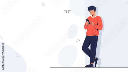 Young Man Using Smartphone, Modern Flat Illustration, Text Space