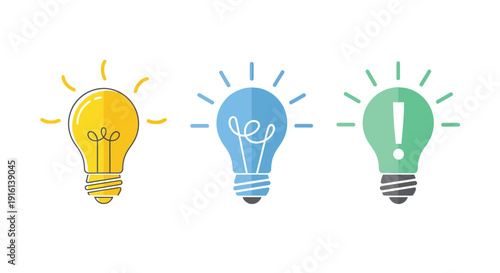 Three illuminated light bulb icons representing different stages of innovation problem solving and crucial idea generation concepts