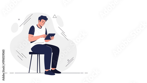 Young Man Using Tablet Computer Sitting on Chair, Modern Flat Illustration