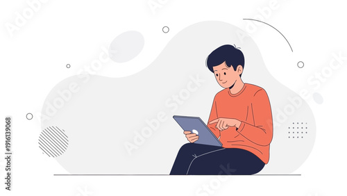 Young Man Using Tablet Computer, Modern Flat Illustration, Online Learning, Digital Communication