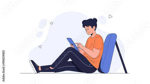 Young man using tablet computer while sitting and leaning on a blue object, flat design