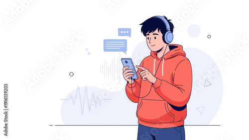 Young man with headphones texting on smartphone, enjoying music and communication
