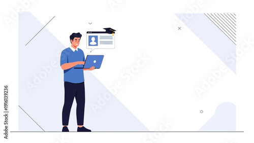 Young man with laptop and profile card, online education concept