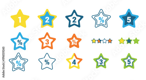 Colorful collection of diverse star rating icons featuring numbers percentage symbols and various filled or outline styles for user feedback