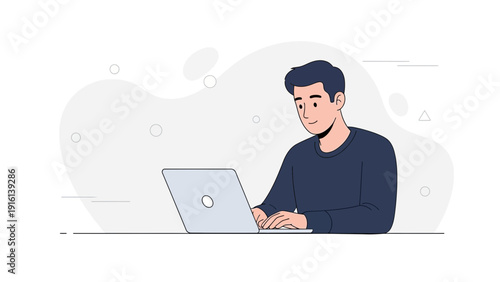 Young Man Working on Laptop Computer - Modern Flat Design Illustration