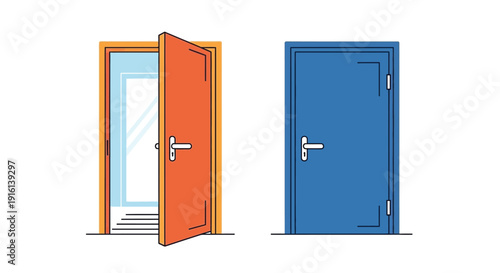 Two contrasting interior doors representing a choice or decision concept with one opening slightly towards an unknown opportunity