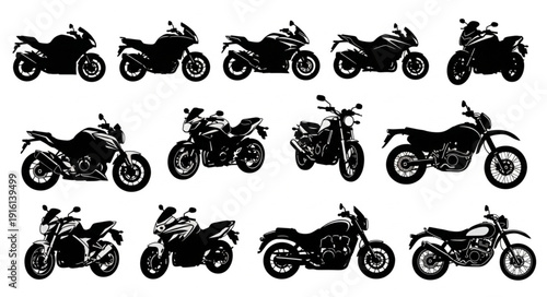 Collection of diverse motorcycle silhouettes in black and white.
