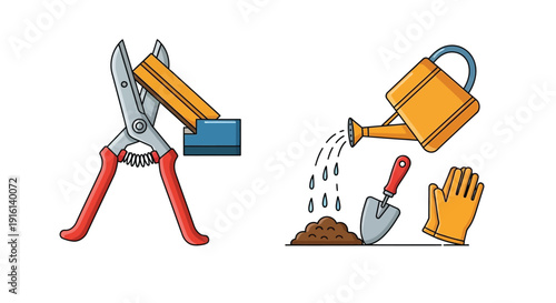 Collection of stylized gardening and workshop tools illustrated separately including metal shears a watering can a trowel and protective gloves