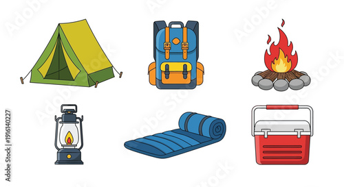Collection of essential cartoon outdoor recreation and camping equipment icons including a tent backpack campfire lantern sleeping pad and cooler