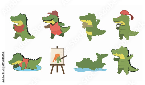 Cute crocodile cartoon character activities set playful kids vector
