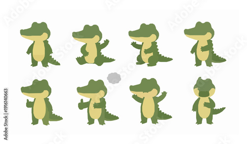 Adorable crocodile cartoon poses and emotions vector character set