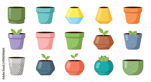 Collection of assorted colorful gardening flower pots displaying various shapes sizes and decorative styles for indoor or outdoor planting projects