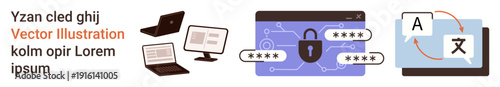 Cybersecurity, online safety, digital communication, translation, information technology, data protection. Visual of locked data, connected devices and language translation process. Cybersecurity