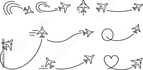 PrintAirplane Flight Path Icon Set with Travel Route Line Trails for Aviation Journey Tourism Navigation and Holiday Travel Design Projects