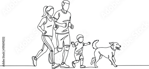 Continuous Line Art Family Jogging with Dog Healthy Lifestyle Running Parents and Child Outdoor Fitness Vector Illustration