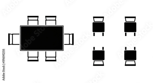 Top view of a dining table with chairs and separate chairs.