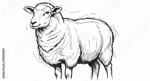 Sketch of Sheep Standing on White Background.