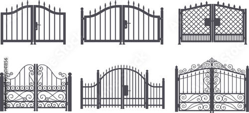 Vintage wrought iron gate silhouette set with ornamental floral swirls for luxury garden entrance and architectural design
