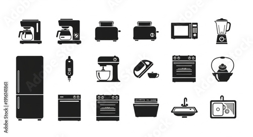 Collection of kitchen appliances icons in silhouette.