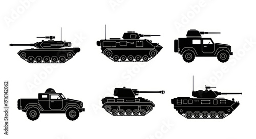 Set of Six Black Silhouette Military Vehicles: Tanks and Armored Cars