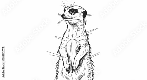 Detailed black and white meerkat illustration standing upright.