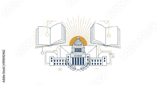 Government building with open books and sunburst capitol building architecture