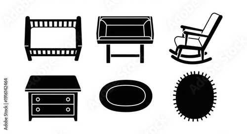 Collection of nursery furniture and decor icons.
