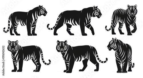 Set of Six Black Tiger Silhouettes in Various Poses, Vector Illustration