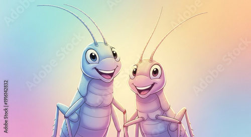 Happy Cartoon Grasshoppers Smiling on Pastel Background