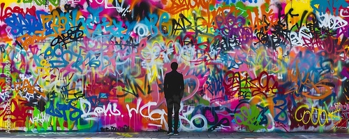 A person stands before a vibrant, colorful graffiti mural 